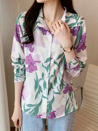 Floral Print Polo Collar Button Shirt, Casual Long Sleeve