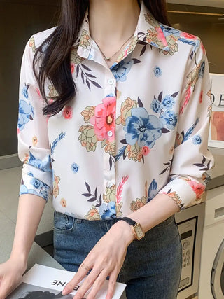 Floral Print Polo Collar Shirt, Casual Long Sleeve