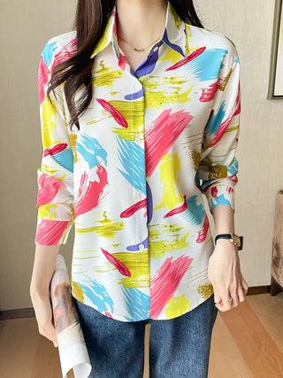 Abstract Watercolor Painting Print Shirt, Versatile Long Sleeve