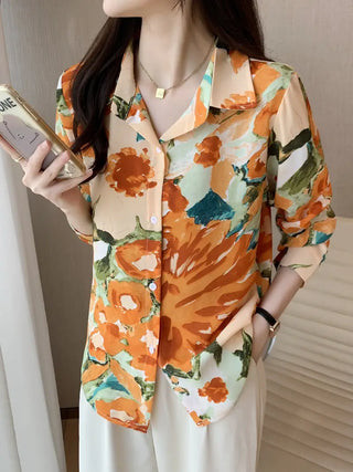 Floral Print Button Front Shirt, Casual Collar Long Sleeve