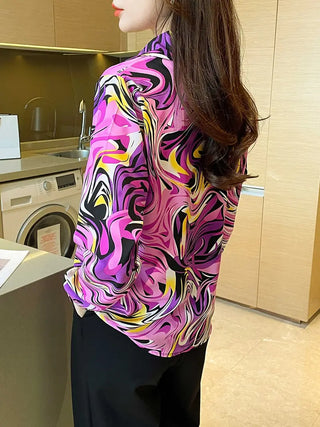 Abstract Print Button Front Shirt, Elegant Long Sleeve