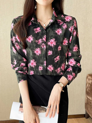 Floral Print Button Front Shirt, Casual Cuff Sleeve