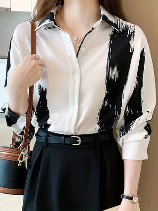 Brush Print Button Front Shirt, Casual Turn Down Collar Long Sleeve