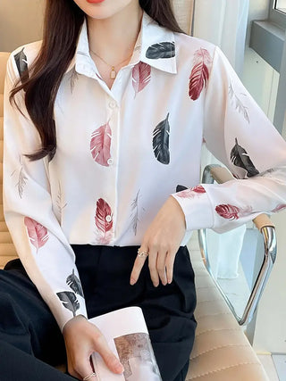 Feather Print Button Front Shirt, Elegant Long Sleeve