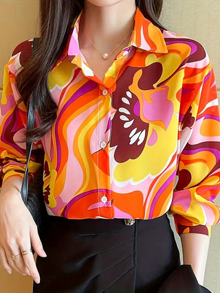 All Over Print Polo Collar Button Shirt, Casual Long Sleeve