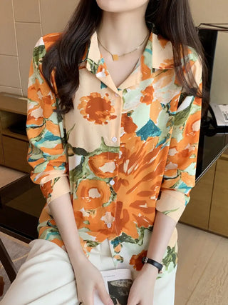 Floral Print Button Front Shirt, Casual Collar Long Sleeve