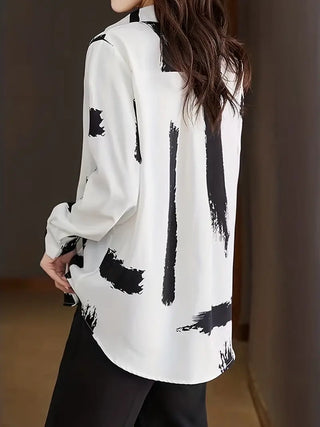 Brush Print Button Front Shirt, Casual Turn Down Collar Long Sleeve