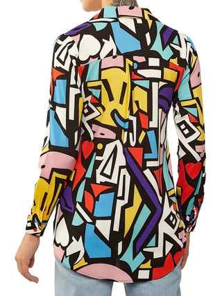 Geometric Graphic Print Blouse, Long Sleeve