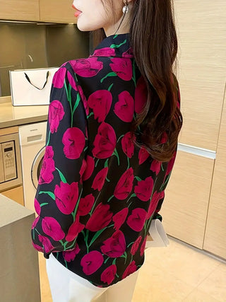 Floral Print Button Front Shirt, Casual Long Sleeve