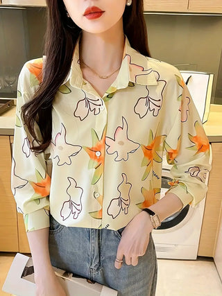 Floral Print Polo Collar Button Shirt, Casual Long Sleeve