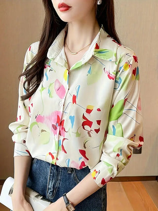 Colorful Floral Print Polo Collar Button Shirt, Casual Long Sleeve