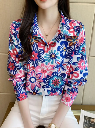 Floral Print Button Front Shirt, Casual Collar Long Sleeve