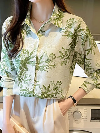 Flower & Leaves Print Vintage Shirt, Single Button Long Sleeve