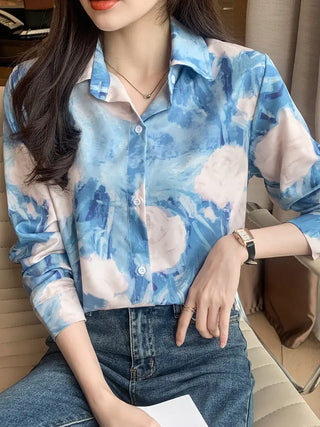 Tie Dye Print Polo Collar Shirt, Casual Long Sleeve