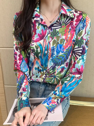 Floral Print Button Front Shirt, Casual Long Sleeve