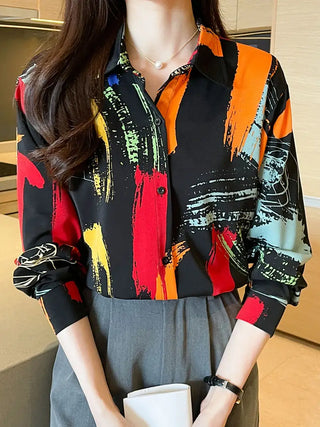 Colorful Print Button Front Shirt, Casual Cuff Sleeve