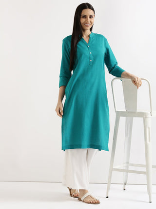 Teal Airy Linen Long Kurta