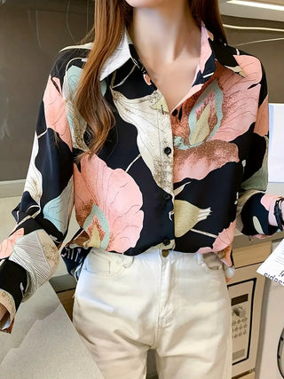 Floral Print Button Front Shirt, Casual Long Sleeve