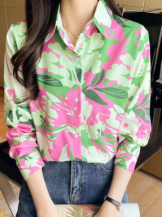 Floral Print Single Button Shirt, Vintage Long Sleeve