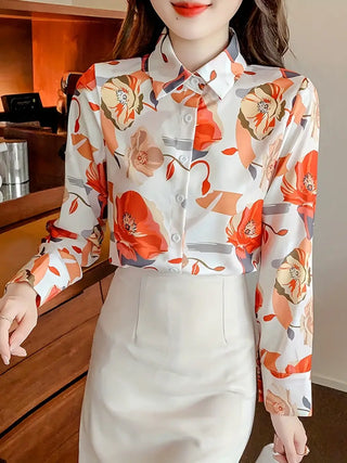 Floral Print Shirt, Elegant Button Front Long Sleeve