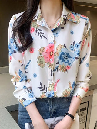 Floral Print Polo Collar Shirt, Casual Long Sleeve