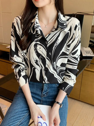 Graphic Print Button Front Shirt, Casual Long Sleeve