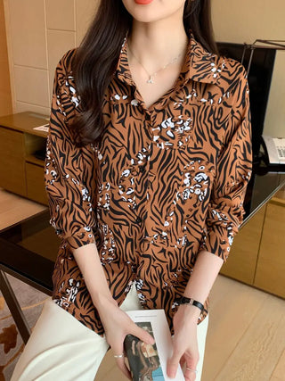 Tiger Print Button Front Shirt, Casual Long Sleeve