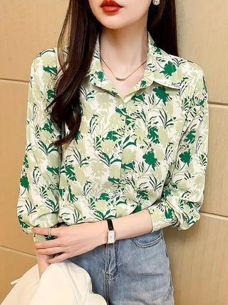 Allover Print Button Front Shirt, Vintage Long Sleeve