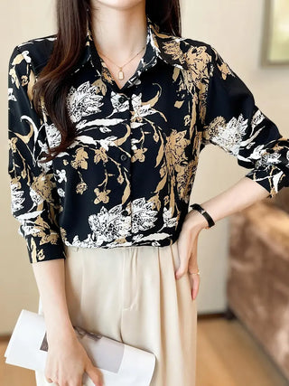 Floral Print Button Front Shirt, Elegant Long Sleeve