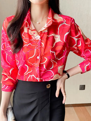 Floral Print Button Front Shirt, Casual Cuff Sleeve