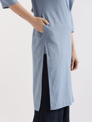 English Blue Airy Linen Long Kurta