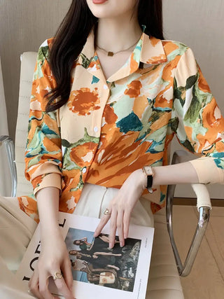 Floral Print Button Front Shirt, Casual Collar Long Sleeve