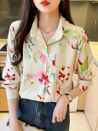 Colorful Floral Print Polo Collar Button Shirt, Casual Long Sleeve