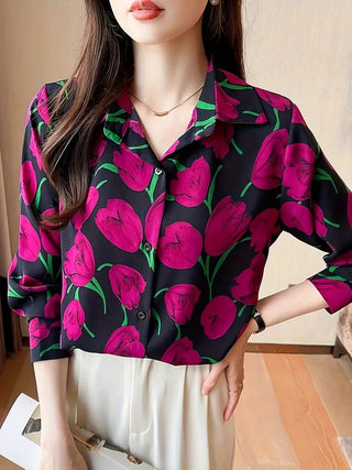 Floral Print Button Front Shirt, Casual Long Sleeve