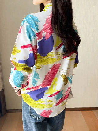 Abstract Watercolor Painting Print Shirt, Versatile Long Sleeve