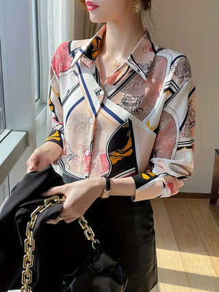 Graphic Print Button Front Shirt, Casual Long Sleeve