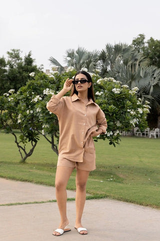 Brown Bigsized Cotton Shirt & Shorts Set