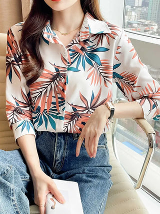 Leaf Print Button Front Shirt, Elegant Long Sleeve