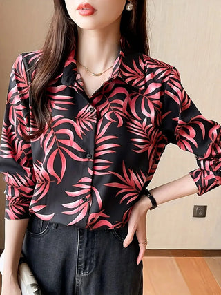 Leaves Print Button Down Shirt, Vintage Long Sleeve