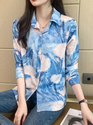 Tie Dye Print Polo Collar Shirt, Casual Long Sleeve