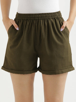 Olive Green Airy-Linen Shorts