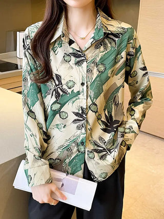 Allover Print Button Front Shirt, Casual Long Sleeve