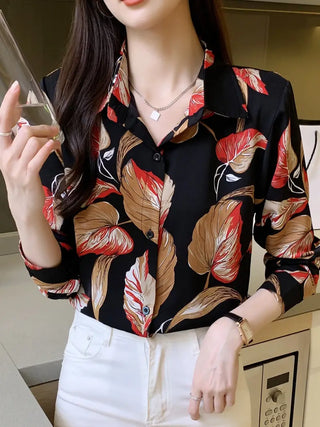 Leaves Print Button Front Shirt, Casual Collar Long Sleeve