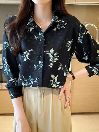 Floral Print Button Front Shirt, Elegant Long Sleeve