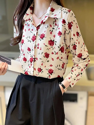 Floral Print Button Front Shirt, Casual Long Sleeve