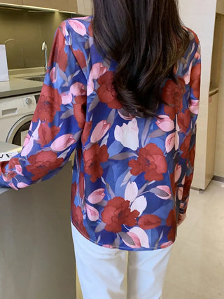 Floral Print Button Front Shirt, Elegant Collar Long Sleeve