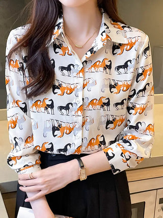 Horses Print Button Front Shirt, Casual Long Sleeve