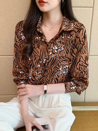 Tiger Print Button Front Shirt, Casual Long Sleeve