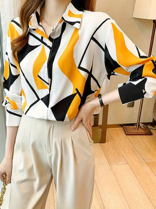 Abstract Print Button Front Shirt, Casual Long Sleeve