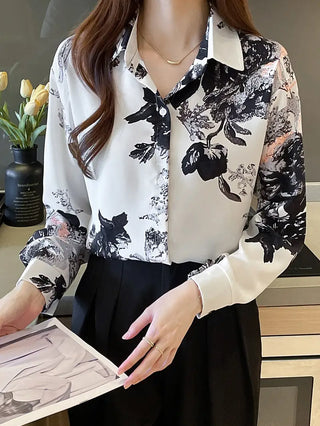 Floral Print Shirt, Elegant Button Front Long Sleeve